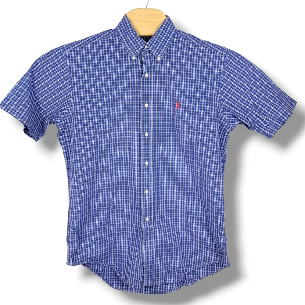 Vintage Ralph Lauren Button Down Shirt Men M Blue Plaid Classic Fit Red Pony